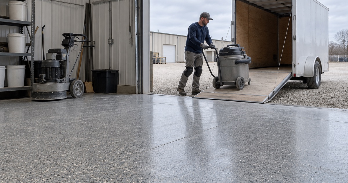 A dust extractor wheeled up the ramp of an enclosed trailer outside the coated shop floor of an Iowa City-area epoxy flooring crew.