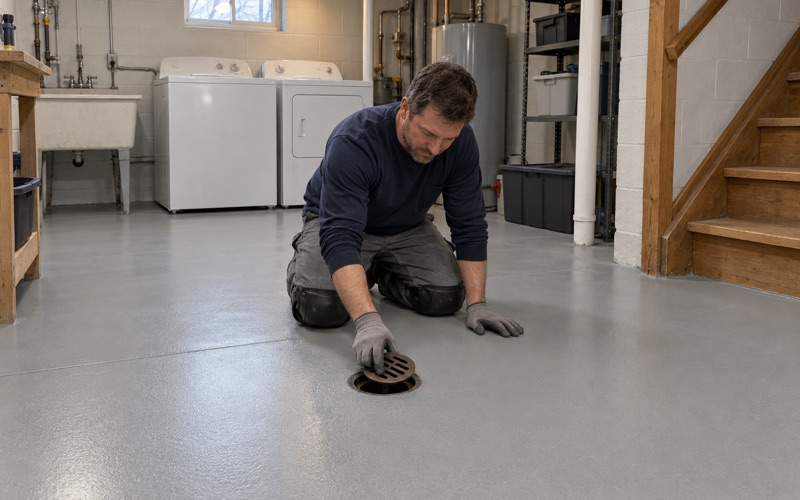 A floor drain grate being set back flush into a new light gray epoxy basement floor in an Iowa City house.