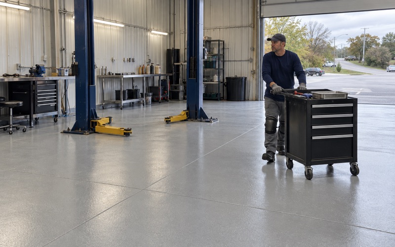 A rolling tool cart pushed across a new gray epoxy floor in the service bay of an Iowa City auto repair shop.
