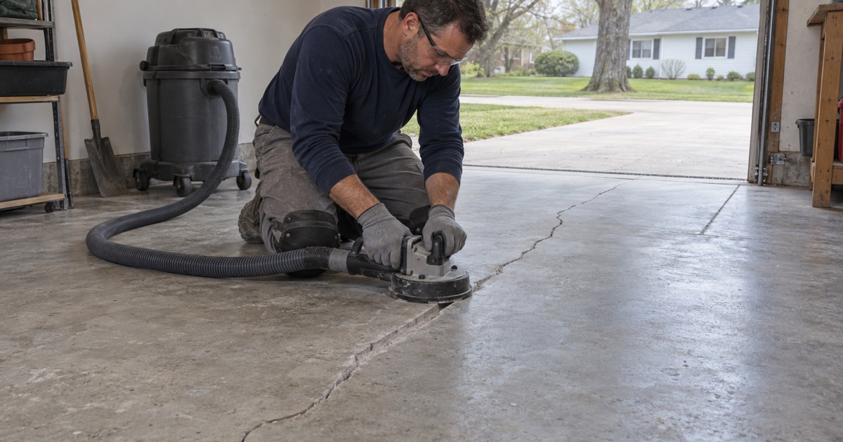 A long crack being chased open with a hand-held crack chaser in an Iowa City garage slab before it is filled and coated.