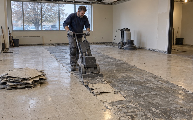 A walk-behind floor scraper peeling old vinyl tile off a slab in an Iowa City office building before the concrete is ground and coated.