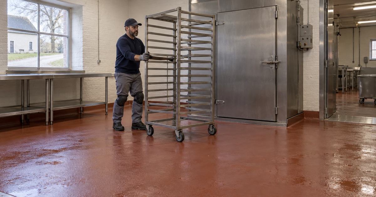 A smokehouse rack rolled across a sealed floor in an old brick village building in Main Amana, Iowa.