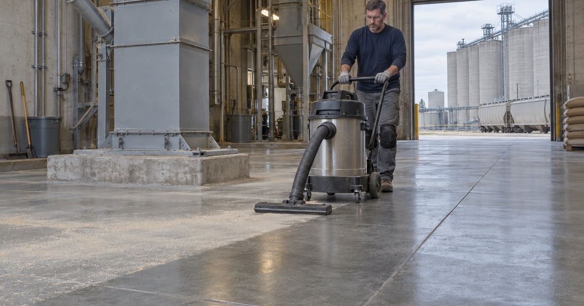An industrial vacuum cart cleaning grain dust from a joint-filled floor at the foot of a bucket elevator in a Cedar Rapids mill.