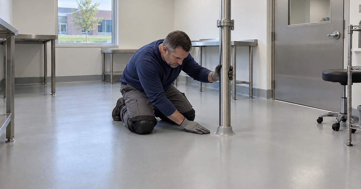 A sealed pipe penetration at the coved base of a seamless lab floor in a Coralville research building.