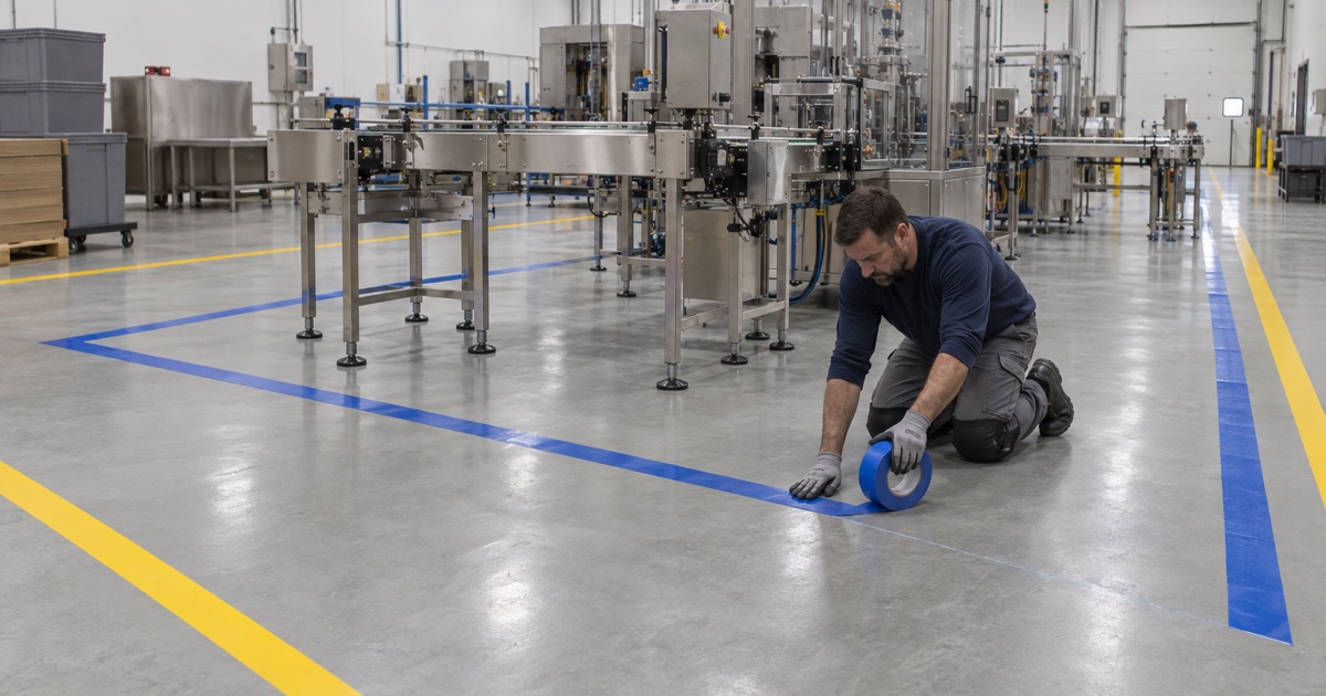 Blue floor marking being laid to define a packaging area on a coated floor in a Hiawatha contract packaging plant.