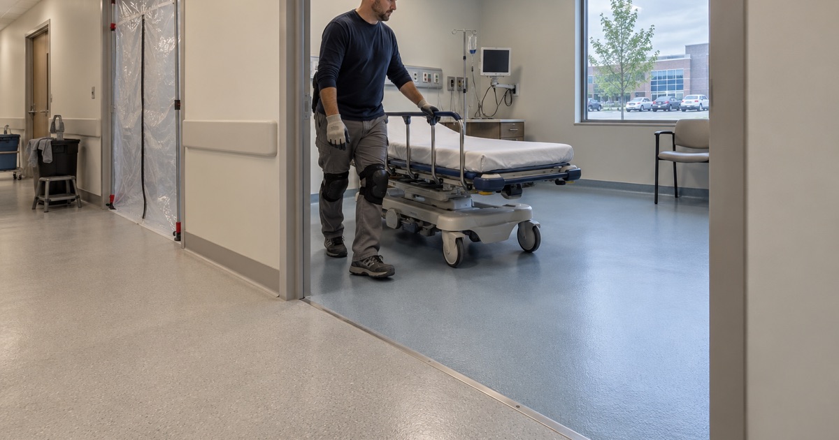 A stretcher guided back into a newly floored treatment room at a freestanding emergency department in Marion, the next room sealed off behind plastic.