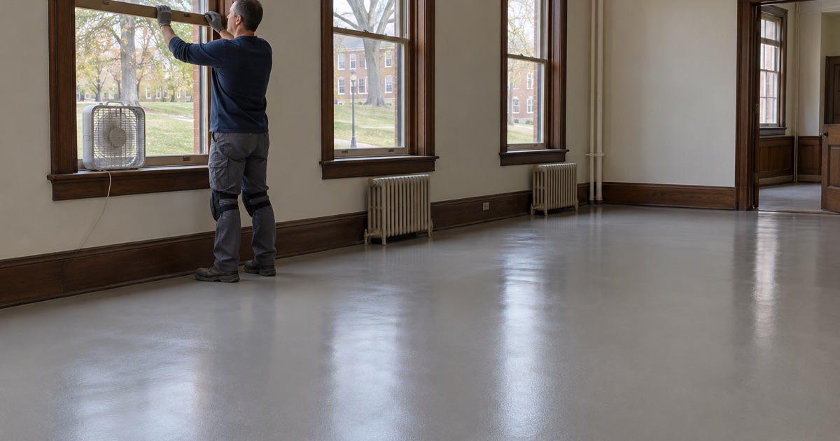 A window raised to air out a freshly coated floor in a Mount Vernon college building during the break between blocks.