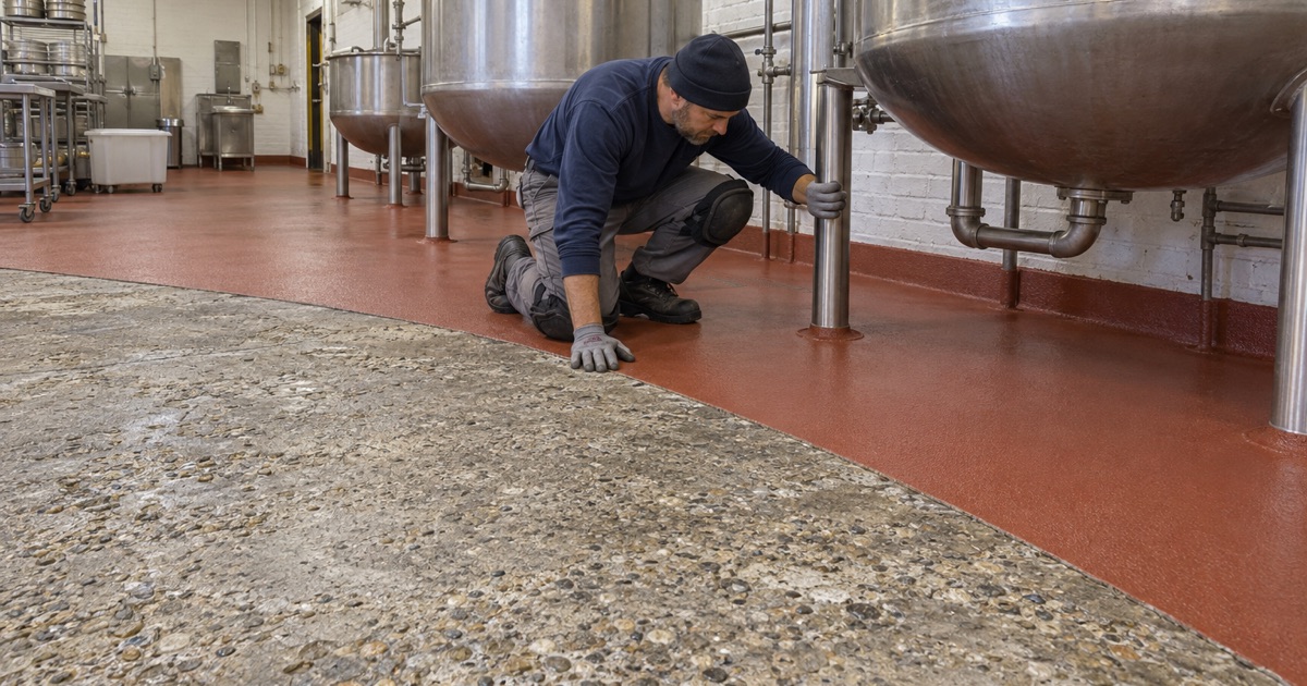 Acid-etched bare concrete next to new urethane cement in a Muscatine sauce plant, where vinegar and tomato acids attack worn floors.