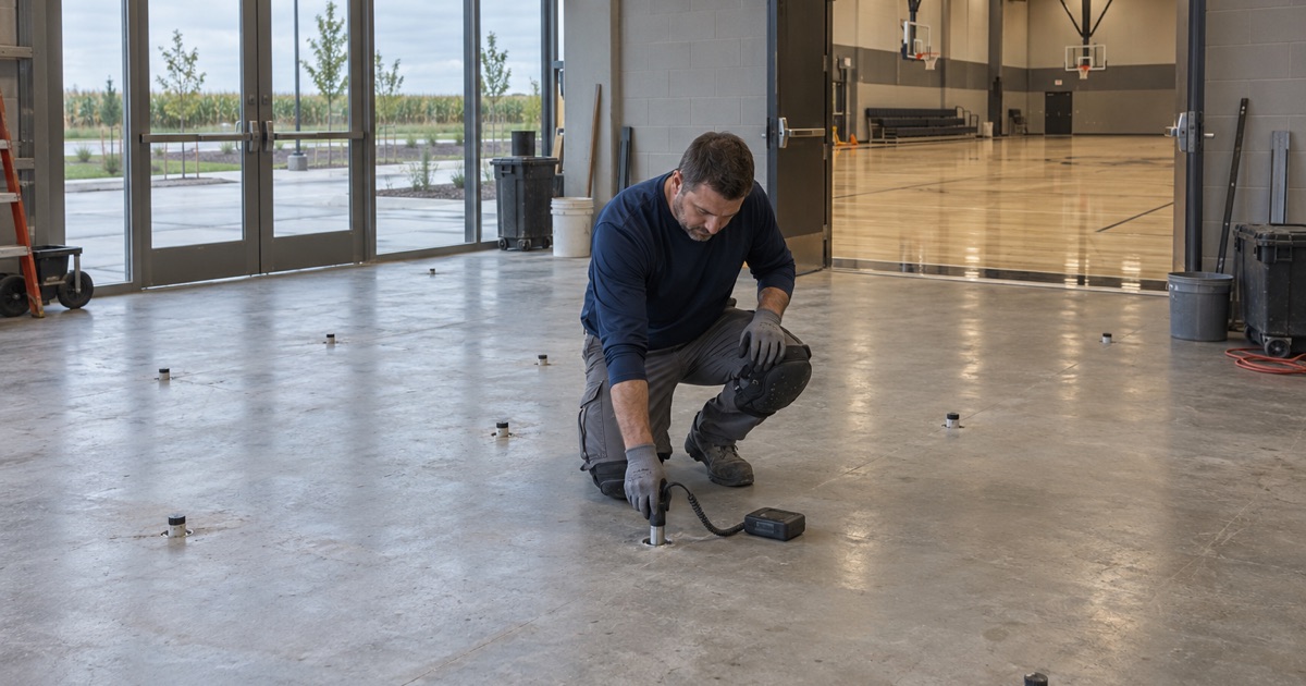 An in-situ relative humidity probe being read in the lobby slab of a North Liberty youth sports building, a maple court visible through the doors.
