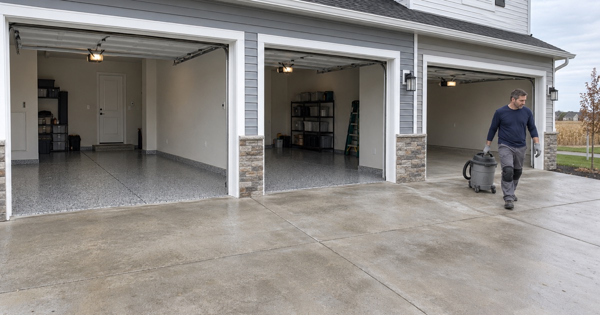 Matching gray flake floors in side-by-side garages of a newer townhome row in Tiffin, Iowa.