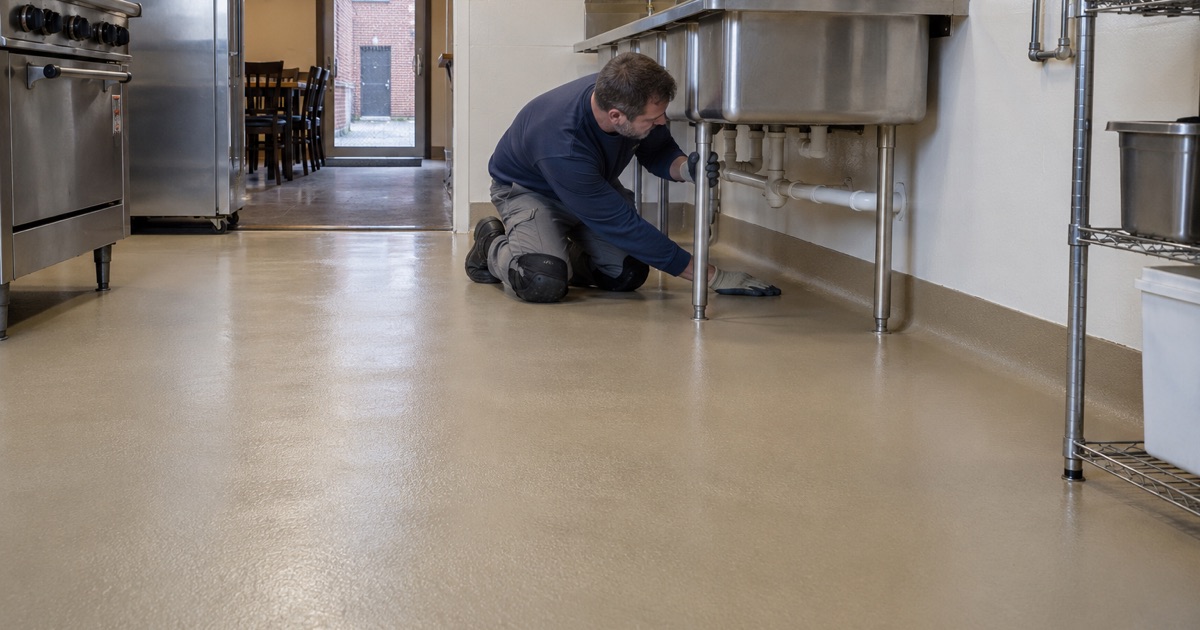 A new coved urethane cement floor in a small-town cafe kitchen behind a brick storefront on the courthouse square in Washington, Iowa.