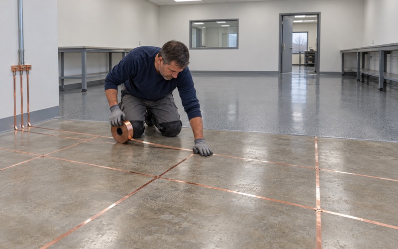 A copper grounding strip being laid on the primed slab of an electronics room near Iowa City before the static-dissipative coat goes down.
