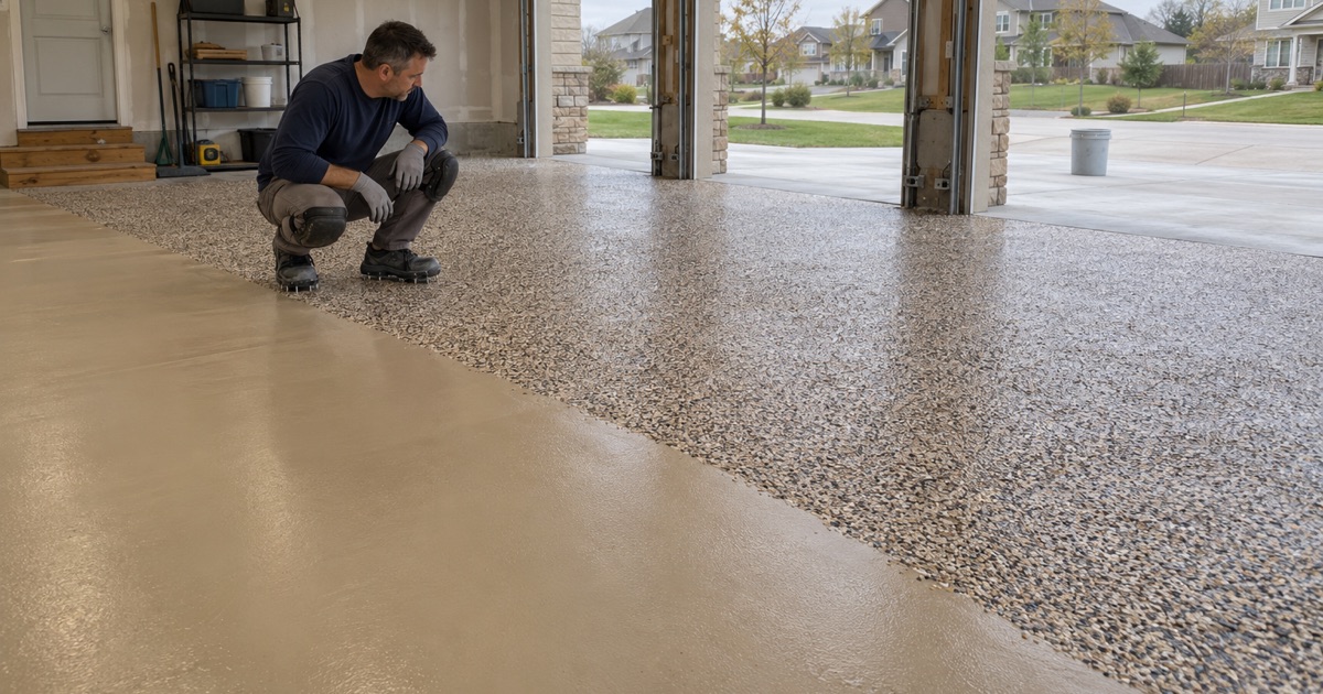 Dense tan, brown and black flake settled on the base coat in an Iowa City garage, the worker checking coverage at the working edge.