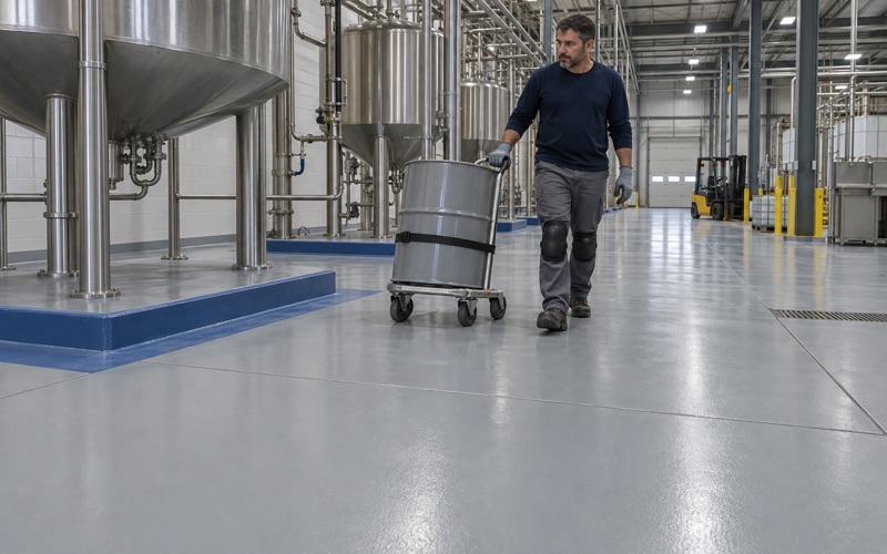 A steel drum wheeled on a drum dolly across a new high-build gray epoxy floor in an Iowa City consumer-goods plant.