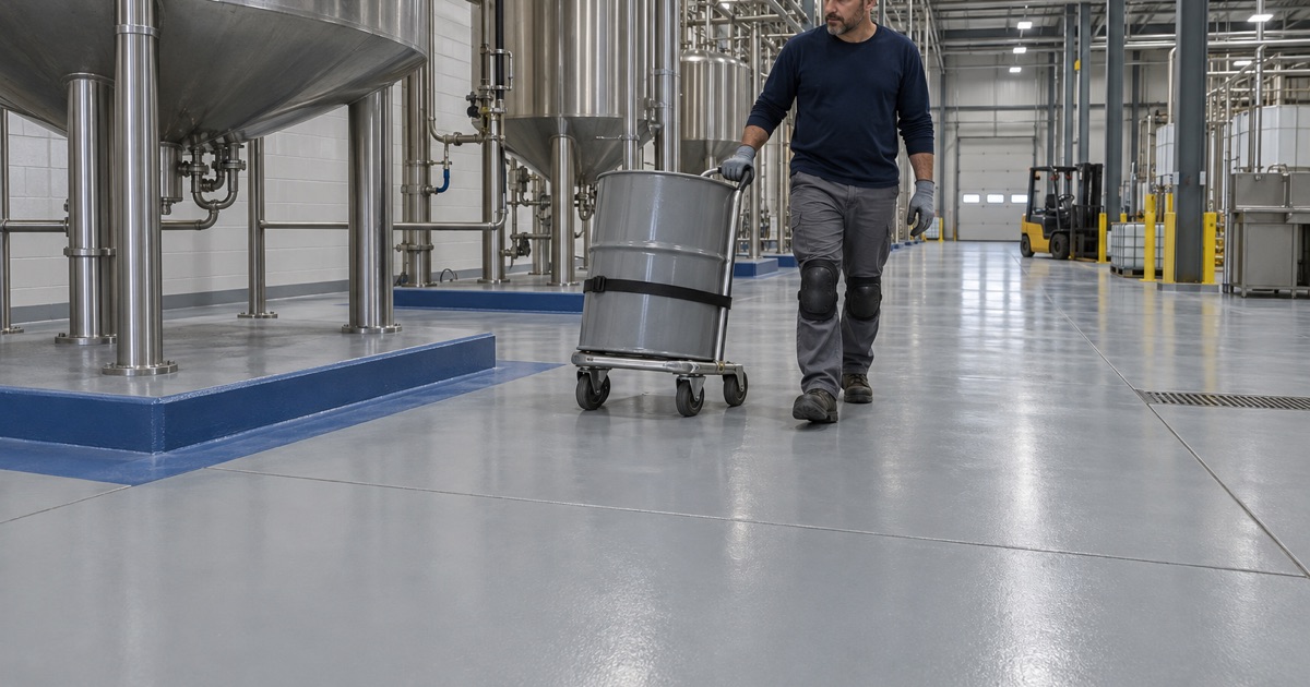 A steel drum wheeled on a drum dolly across a new high-build gray epoxy floor in an Iowa City consumer-goods plant.