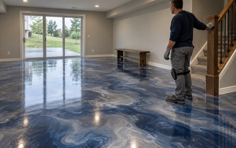 A silver and deep blue metallic epoxy floor in the walkout lower level of an Iowa City house, its swirls catching daylight from the patio door.