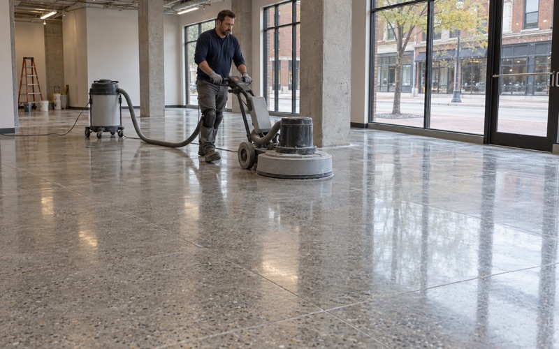 A planetary polisher mid-pass on a new polished concrete floor in the ground-floor storefront of a downtown Iowa City mixed-use building.