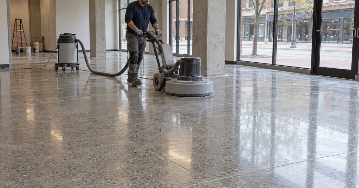 A planetary polisher mid-pass on a new polished concrete floor in the ground-floor storefront of a downtown Iowa City mixed-use building.